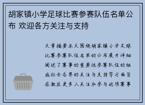 胡家镇小学足球比赛参赛队伍名单公布 欢迎各方关注与支持